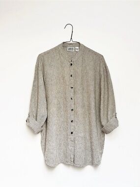 90s button down work shirt • vintage putty beige stripe linen blouse • small